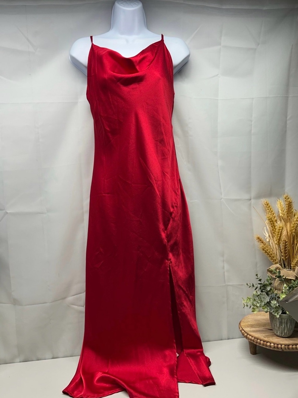 Red Satin Cowl-Neck Maxi Slip Dress